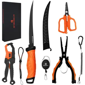 Fishing Tool Set – 7” Pliers, 9.5” Fish Lip Gripper, 4.5” Scissors, 7” Fillet Knife, Retractable Clip & Steel-Core Tether, Rust-Resistant Multi-Tool Kit for Anglers