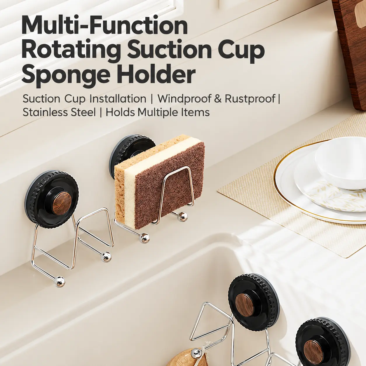 Suction Cup Sink Sponge Holder, No‑Drill Kitchen Sink Caddy for Sponges, Scrubbers & Steel Wool