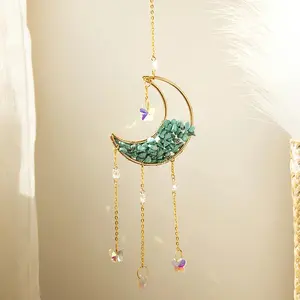 Amethyst Moon Crystal Gemstone Windchime Suncatcher, Hanging Home Decor for Window, Outdoor Garden Decoration with Rainbow Crystal
