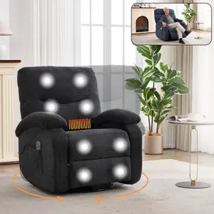 Swivel Recliner Chair Hot massage manual lounge chair, with rocker arms and rotating fabric, with cup bucket, for living room, black