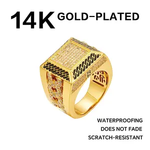 14K Gold Plated Cuban Link Ring Iced Out Gold Statement Ring CZ Simulated Diamond Stackable Ring Unique Hip Hop Square Eternity Bands for Women and Men