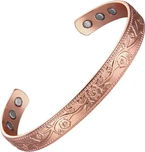 Copper Bracelets for Women, 99.9% Pure Copper Vintage Flower Magnetic Bangle with 3500 Gauss Magnets,6.8" Adjustable Cuff Jewelry Gift (Rose Gold)