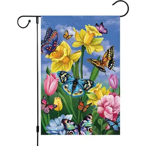 Spring Summer Daffodil Garden Flag 12x18 Double Sided, Burlap Small Butterfly Floral Flower, Welcome Yard House Outdoor Decoration