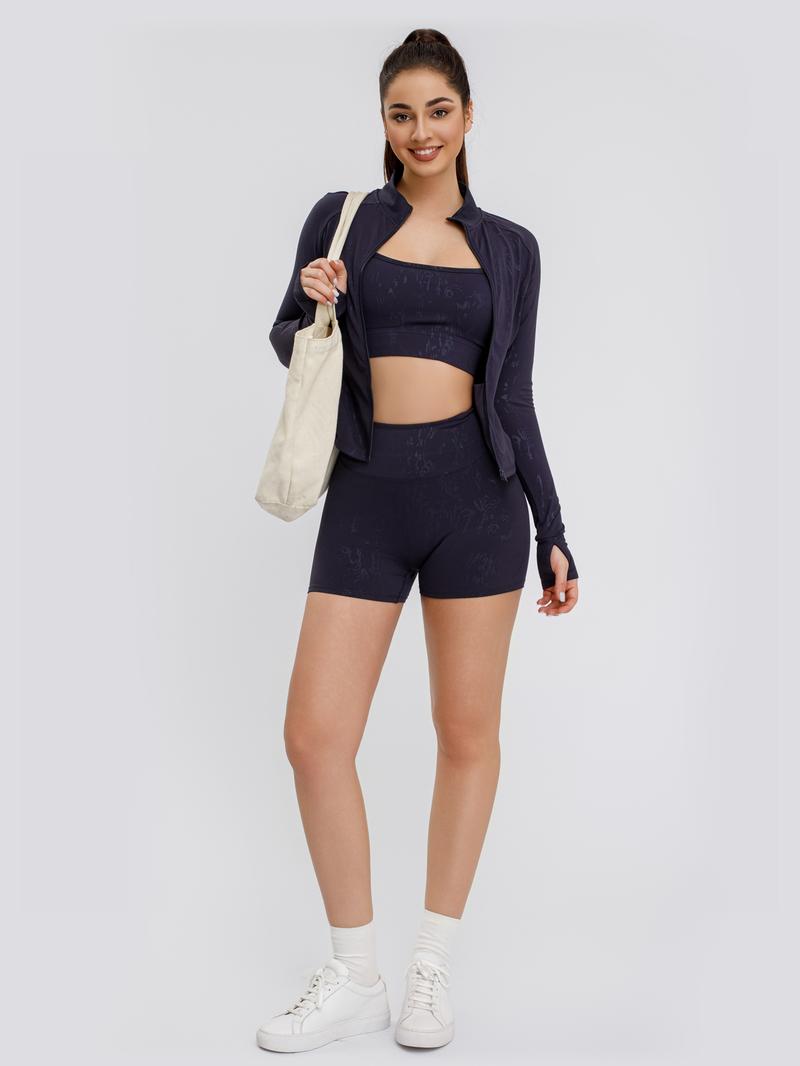 S&W Women's Yoga 3-Piece Set - Biker Short, Tank Top, Jacket with Zipper - Tie-Dye in Apricot Blue & Black - High-Rise Collar, 4-Way Stretch