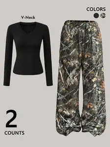 Fashion Two-Piece Set Tree Print Graphic Pants & V-Neck Short Top, Slim Fit Streetwear Casual Fashion Trendy Fitted Womenswear, Lightweight, Minimalist Chic, Soft Touch, Stylish, Comfy, Effortless Style, Seasonless