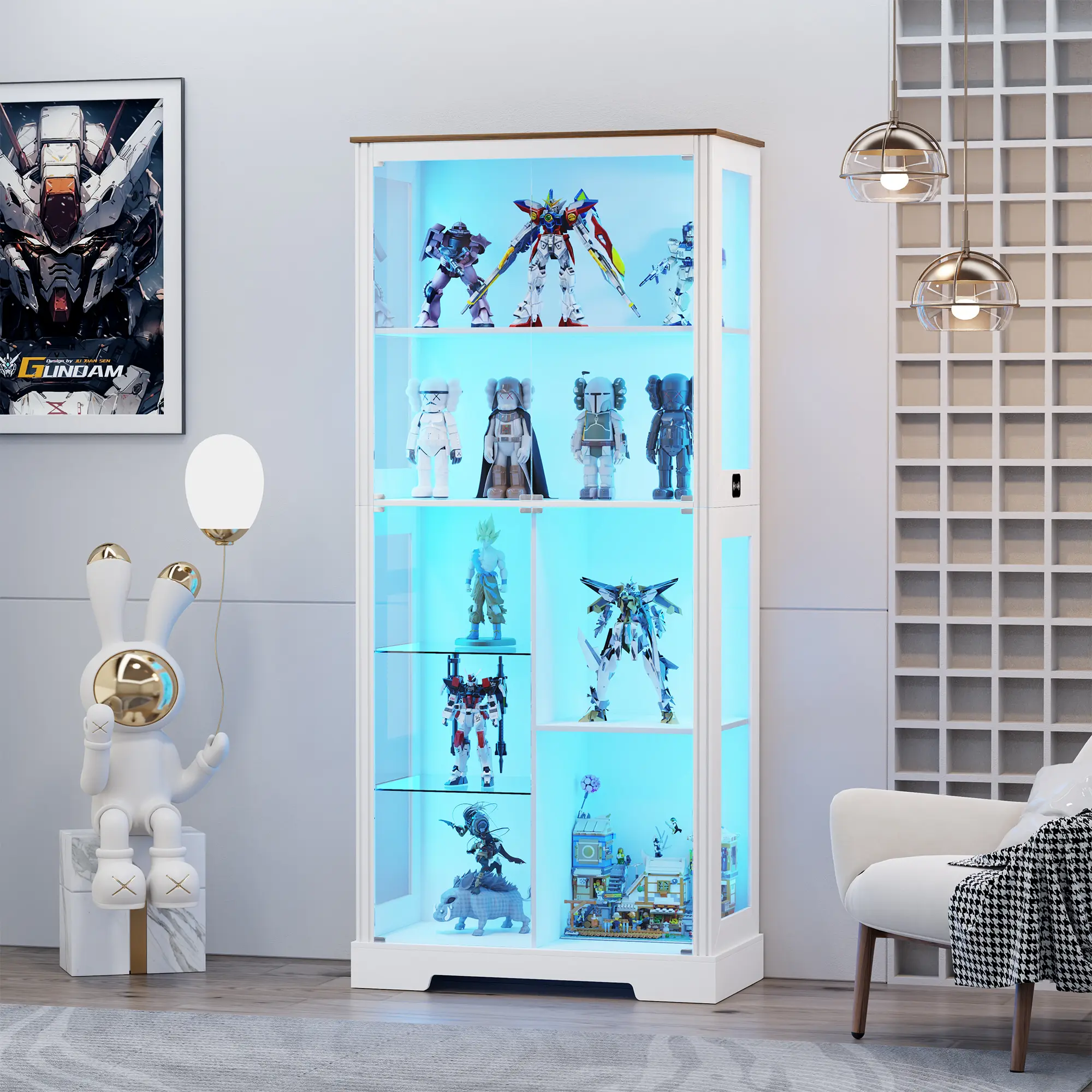 Lvifur 71” Display Cabinet with Glass Doors, Modern Curio Cabinet with 3 Color Lights, 7-Tiers Glass Display Cases for Collectibles, Tall Lego Storage Cabinet with Human Body Sensor