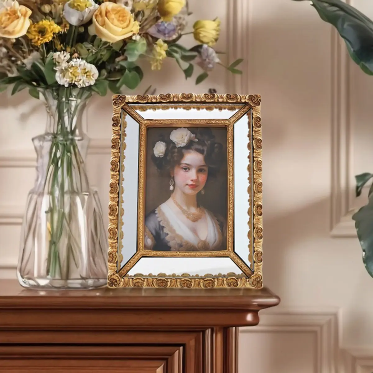 European Style Mirror Frame, Resin Material, Rectangular Photo Display, Luxury Decor for Bedroom, Living Room, Office, Wedding Gift