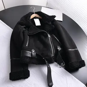 [2025]Winter Women Thick Warm Suede Lamb Jacket Short Motorcycle Brown Coats Faux Shearling Sheepskin Leather Jackets Outwear