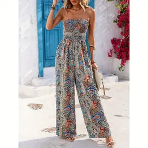 Women's sexy strapless backless jumpsuit with wide legs, summer casual vacation party, waist cinching printed jumpsuit