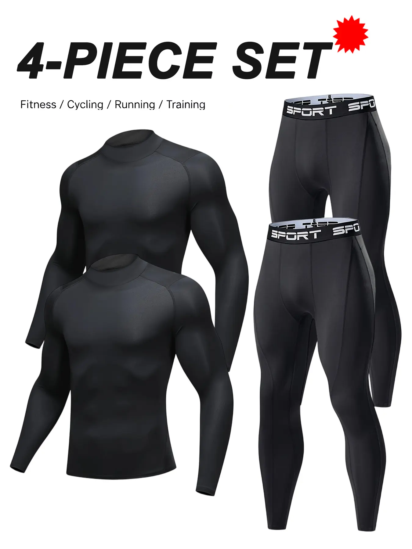 4 Pack Men Casual Sports Set, High Neck Quick Dry Moisture Wicking Long Sleeve Top + Breathable Compression Base Layer Pants, Slim Tight Workout Outfit for Basketball Running Gym Outdoor Ball Sports