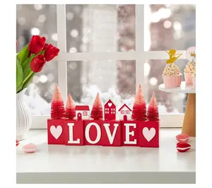 Glitzhome 14" Valentine's House & Brush Trees LOVE Table Decor