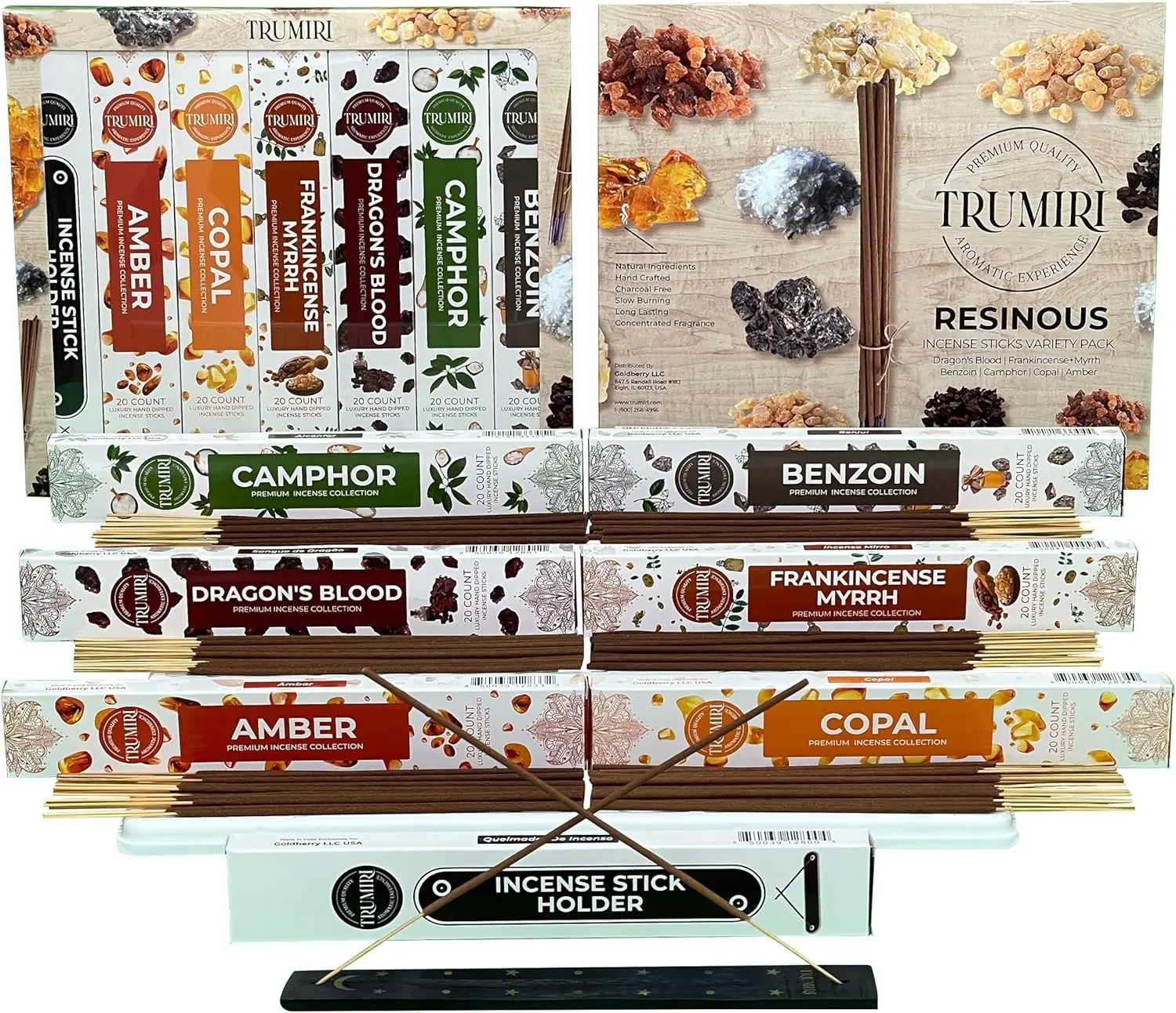 Trumiri Incense Sticks - 120 Insence-Sticks (20 Insense x 6 Incents) - Incienso Inscents-Sticks with Dragon Blood Frankincense Myrrh Benzoin Amber Copal Resin and Camphor Alcanfor + Incense Holder