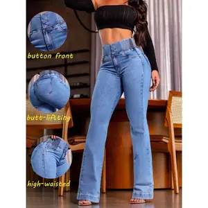 Women's Kardashian style High Waist Denim Skinny Flare Button Pants, Butt Lifting Slim Fit Jeans, Sexy Elastic Comfortable Long Pants for All Seasons
