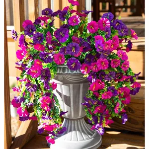 2 count Artificial Hanging    Outdoor,Silk Morning Glory Faux  with Eucalyptus Leaf,UV Resistant Realistic Hanging Petunias  for Home Garden Decor (Purple+Fuchsia)