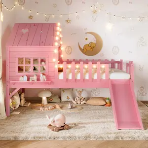House Loft Bed with Slide,Playhouse Bed with Star Moon-shaped Designs and Window, Chic Design with LED Lights,No Box Spring Needed