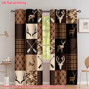 2D Flat 2Pcs Deer Hunter Camouflage Plaid Patchwork Curtains, Rustic Farmhouse Style Window Drapes with Antlers for Living Room Bedroom Decor, Half Sunshade Privacy Protection Accessory .