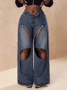 American Style Sexy Hollow Out Wide Leg Jeans, High Waist Distressed Wash Design, European and American Fashion Sensual Long Pants