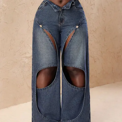 American Style Sexy Hollow Out Cutout Wide Leg Women Denim Jeans, High Waist Distressed Washed Ripped Design, European and American Fashion Streetwear Sensual Long Pants Fitted, Trouser