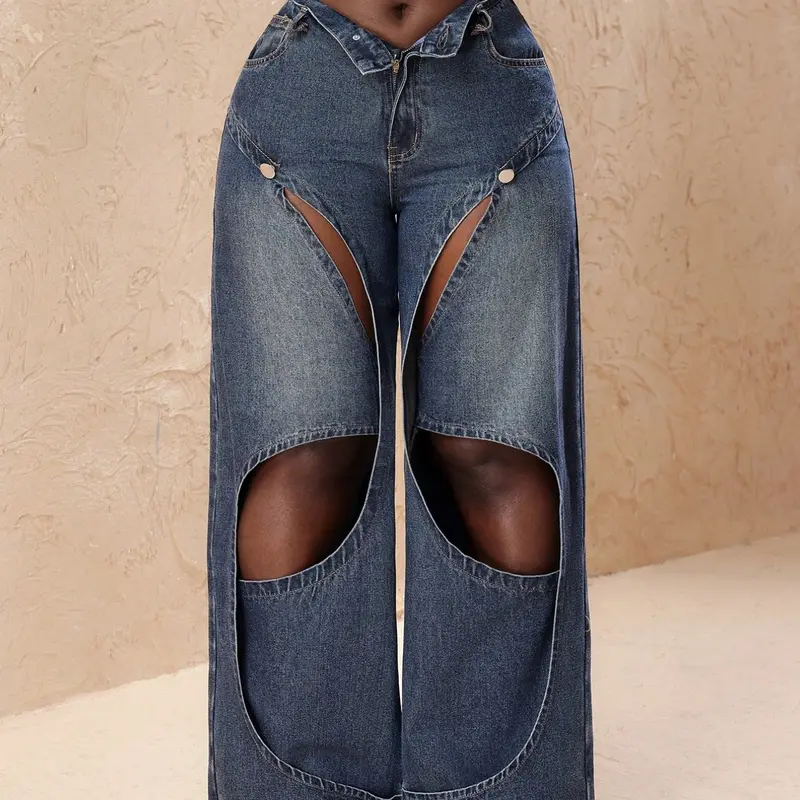 American Style Sexy Hollow Out Cutout Wide Leg Women Denim Jeans, High Waist Distressed Washed Ripped Design, European and American Fashion Streetwear Sensual Long Pants Fitted, Trouser