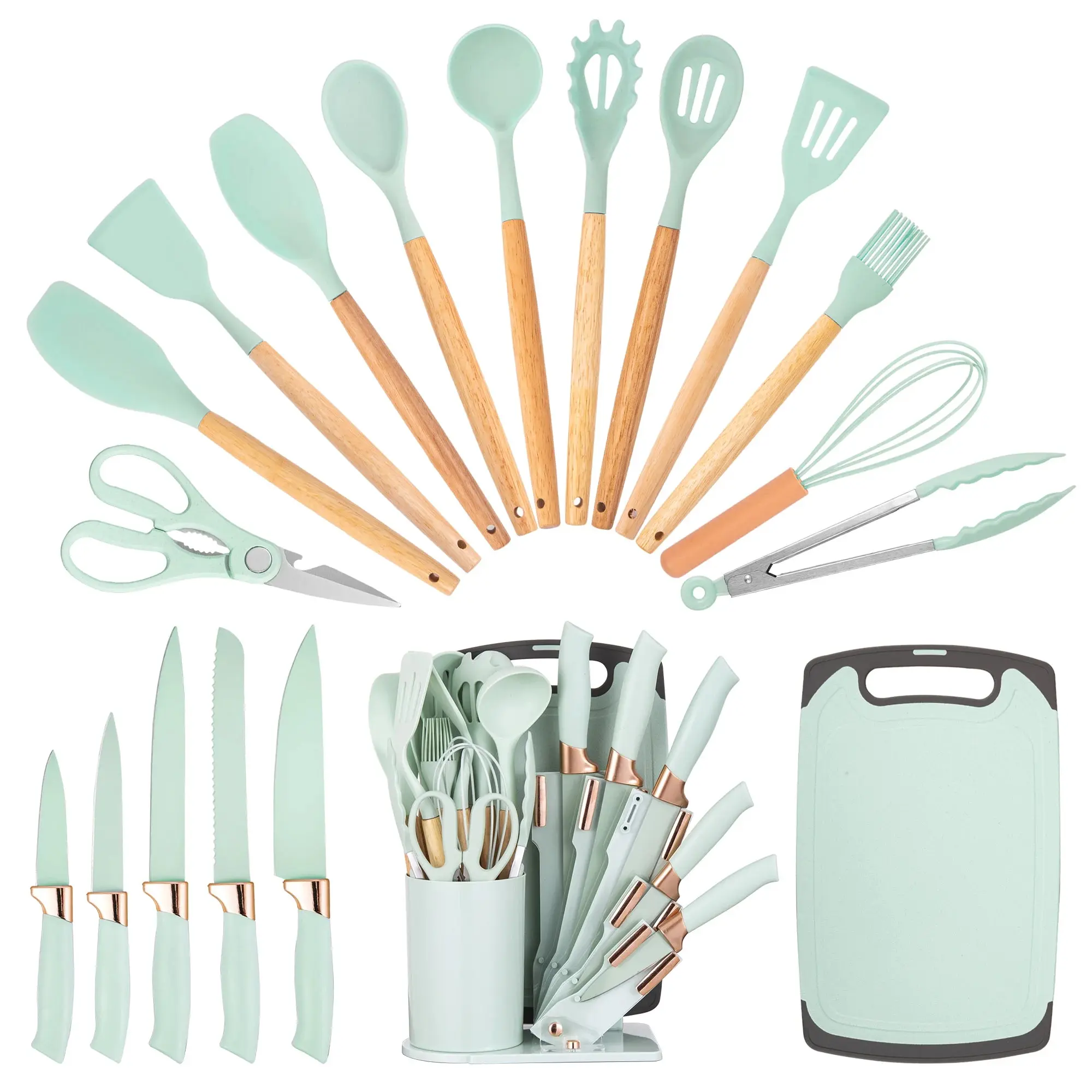 19Pcs Professional Kitchen Knife Set with Silicone Cooking Utensils & Cuttingboard