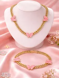 Gold Tone Butterfly Chain Set Necklace 18 Inches & Bracelet for Women