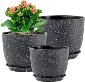 Pots 10/9/8 inch, Set of 3 Modern Decorative Plastic Planters with Drainage Holes and Saucers for Garden House , Flower Pots for Indoor Outdoor , Speckled Black