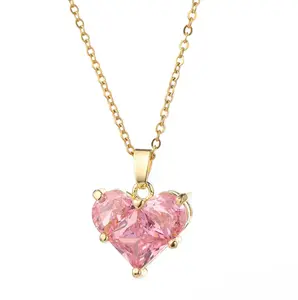 Pink Heart Zircon Stainless Steel Necklace ideal holiday christmas gift