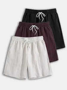 Men's Linen Blend Drawstring Elastic Waist Casual Fit Shorts 3 Pack, Casual Lightweight Breathable Bottoms for Summer Beach Daily Wear
