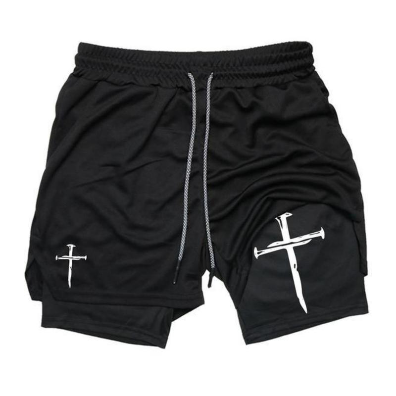 Quick-Dry Brick Gym Shorts 2-in-1 Basketball Running Workout Shorts with Zip Pockets Graphic Cross Print Design Casual Home Regular Fit Youth Sporty Drawstring Waist Shorts