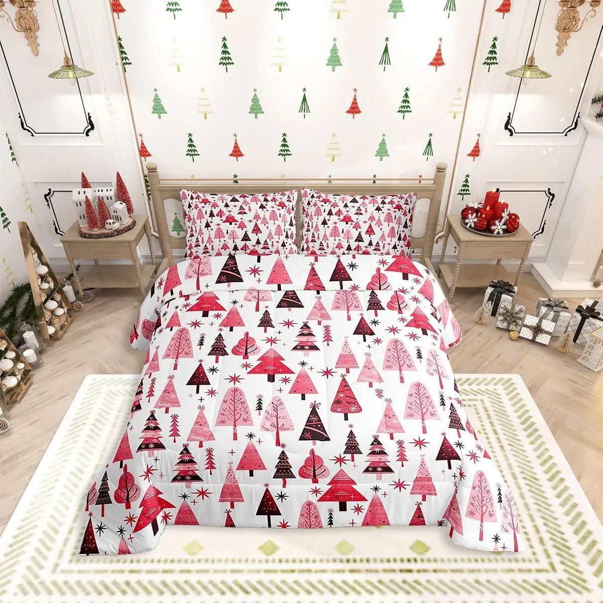 Pink Xmas Trees Comforter Set,Christmas Theme Bedding Set for Kids Boys Girls Adults Room Decor,Happy New Year Down Comforter Soft Polyester Quilt Set