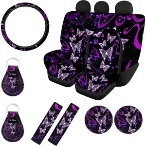 Pzuqiu Purple Butterfly Car Accessories Seat Cover for Cars for Women with Steering Wheel Cover Full Set,Front Rear Seat Protector Universal Fit Trucks,Seat Belt
