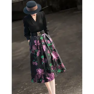 Lanser 2025 Autumn New Style Elegant Retro Fake Two Piece Splicing Long Sleeve V-neck Jacquard Dress for Women