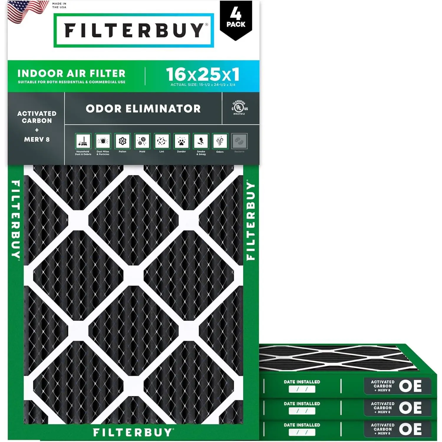 Filterbuy 16x25x1 Air Filter (4-Pack), Pleated MERV 8 Odor Eliminator HVAC AC Furnace Air Filters (Actual Size: 15.50 x 24.50 x 0.75 Inches)