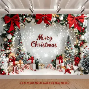 Festive Merry Christmas Party Banner 2D Flat Polyester Backdrop with Snowy Scene Decorative Bows & Wrapped Gifts Ideal for Home Room Wall Decor Christmas Ornaments Cozy Decoration