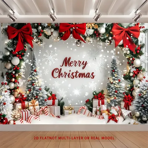 2D Flat Polyester Christmas Party Banner - Festive Home Supplies Backdrop with Christmas Tree, Snowy Scene, Decorative Bows, Wrapped Gifts, Ideal for Home Room Wall Decoration, Holiday Ceremony Baby Shower Cozy Ornament