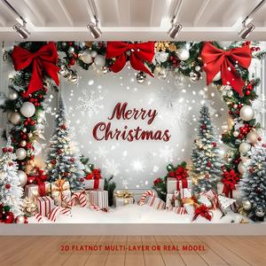 2D Flat Polyester Christmas Party Banner, Festive Backdrop with Tree, Snowy Scene, Decorative Bows & Wrapped Gifts, Ideal for Home Room Decoration, Wall Banners, Cozy Ornament
