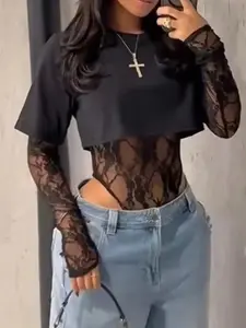 Fashionable Women's Round Neck Short Sleeve Lace Patchwork Bodycon Jumpsuit, Summer Party Beach Vacation, Elegance, Versatile Two-Piece Design Womenswear