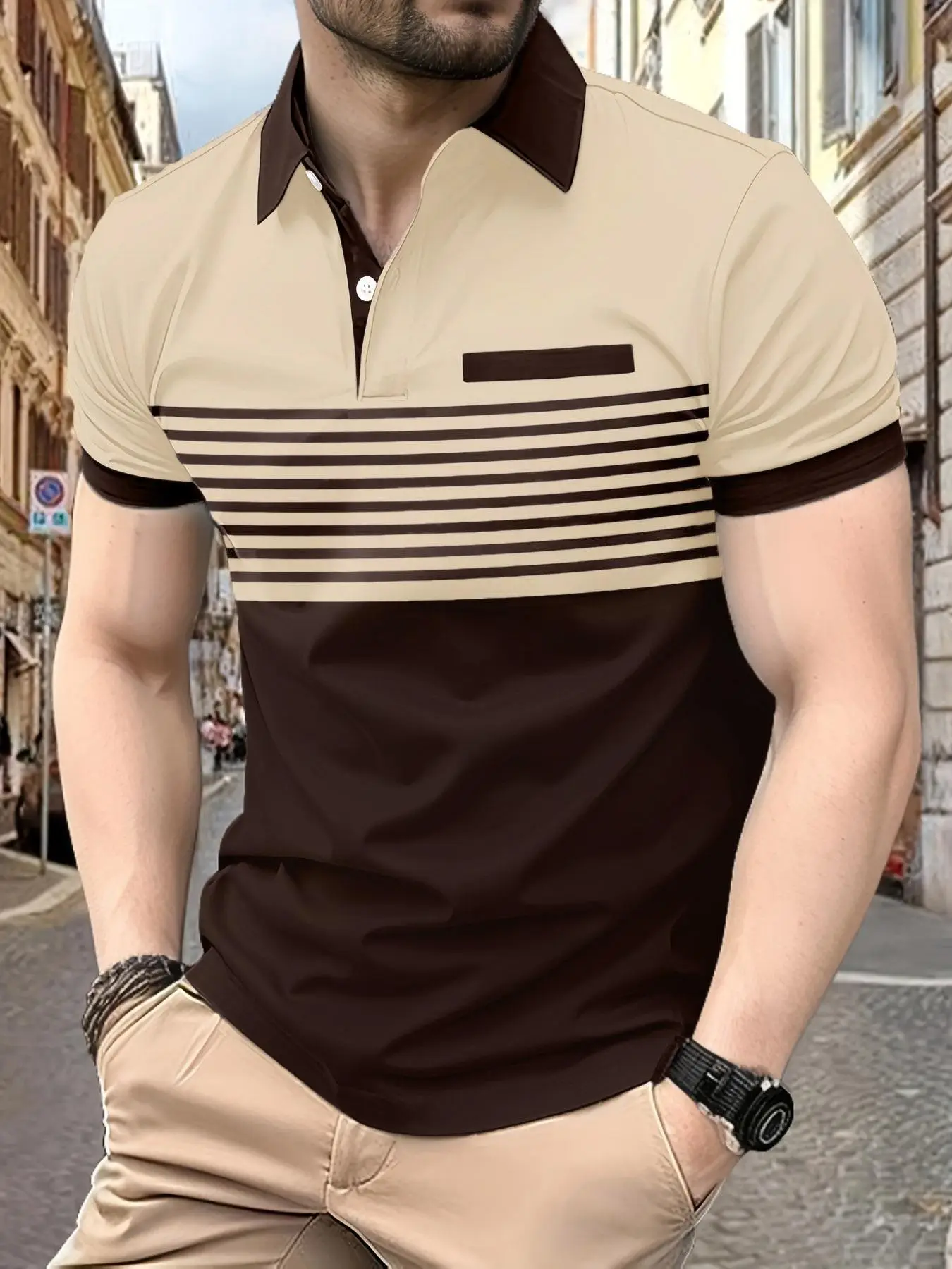 Men's Colorblock Striped Print Short Sleeve Polo Shirt, Casual Button Front Collared Top for Daily Wear, Men's Regular Fit Clothes for All Seasons