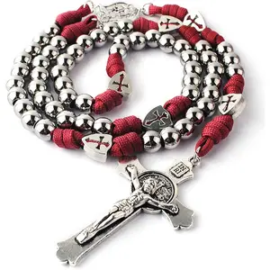 10mm Stainless Steel Beads Rosary Necklace Large Heavy Rugged Durable Paracord Rosary for Men Vintage Cross PrayerBeaded Necklace Cuban Link Chain Adjustable Choker