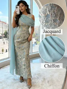Women's Bestselling Textured Golden Jacquard Fabric Waist-Cinching Elegant Maxi Dress, Chiffon Shawl, Suitable For Parties, Dates, Shopping And Multiple Occasions, Spring/Summer