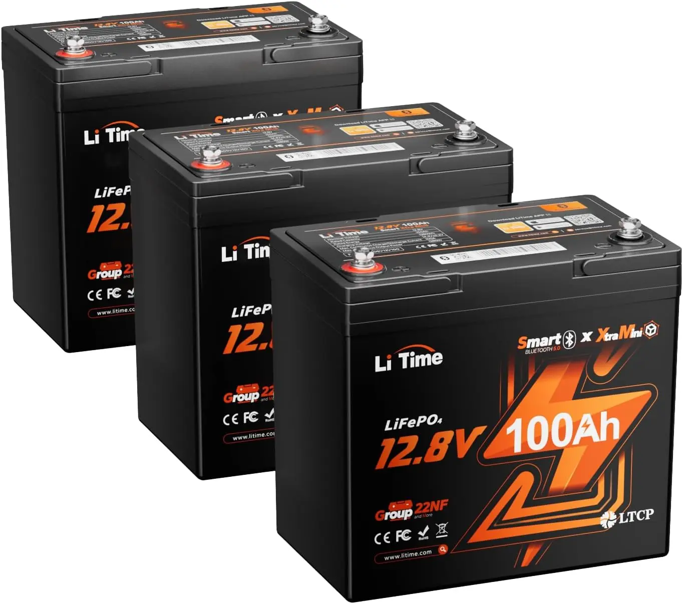 Litime 3 Packs 12V 100Ah Xtra Mini LiFePO4 Battery for RV, Camper, Boat | Group 22NF, Bluetooth, 100A BMS, Max. 15000 Cycles, IP65 Waterproof, Low Temp Protection, for Travel Trailer, Trolling Motor
