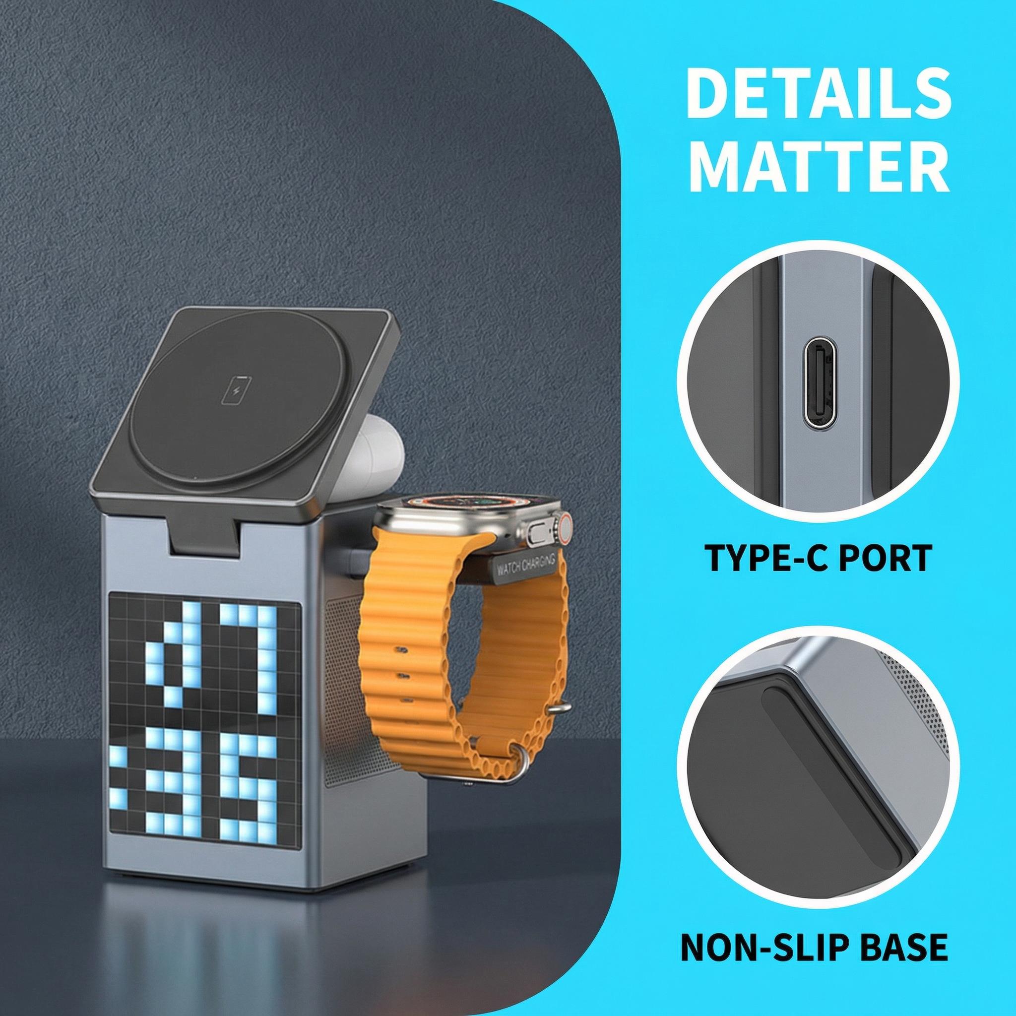 6-in-1 Charging Station for Apple Devices, 15W Magnetic Wireless Charger Stand with Bluetooth Speaker, Digital Alarm Clock, Pixel Display, Compatible with MagSafe iPhone Series, Apple Watch & AirPods - March Madness, Spring Break, World Cup, Easter 6-in-1 Charging Station for Apple Devices, 15W Magnetic Wireless Charger Stand with Bluetooth Speaker, Digital Alarm Clock, Pixel Display, Compatible with MagSafe iPhone Series, Apple Watch & AirPods - March Madness, Spring Break, World Cup, Easter