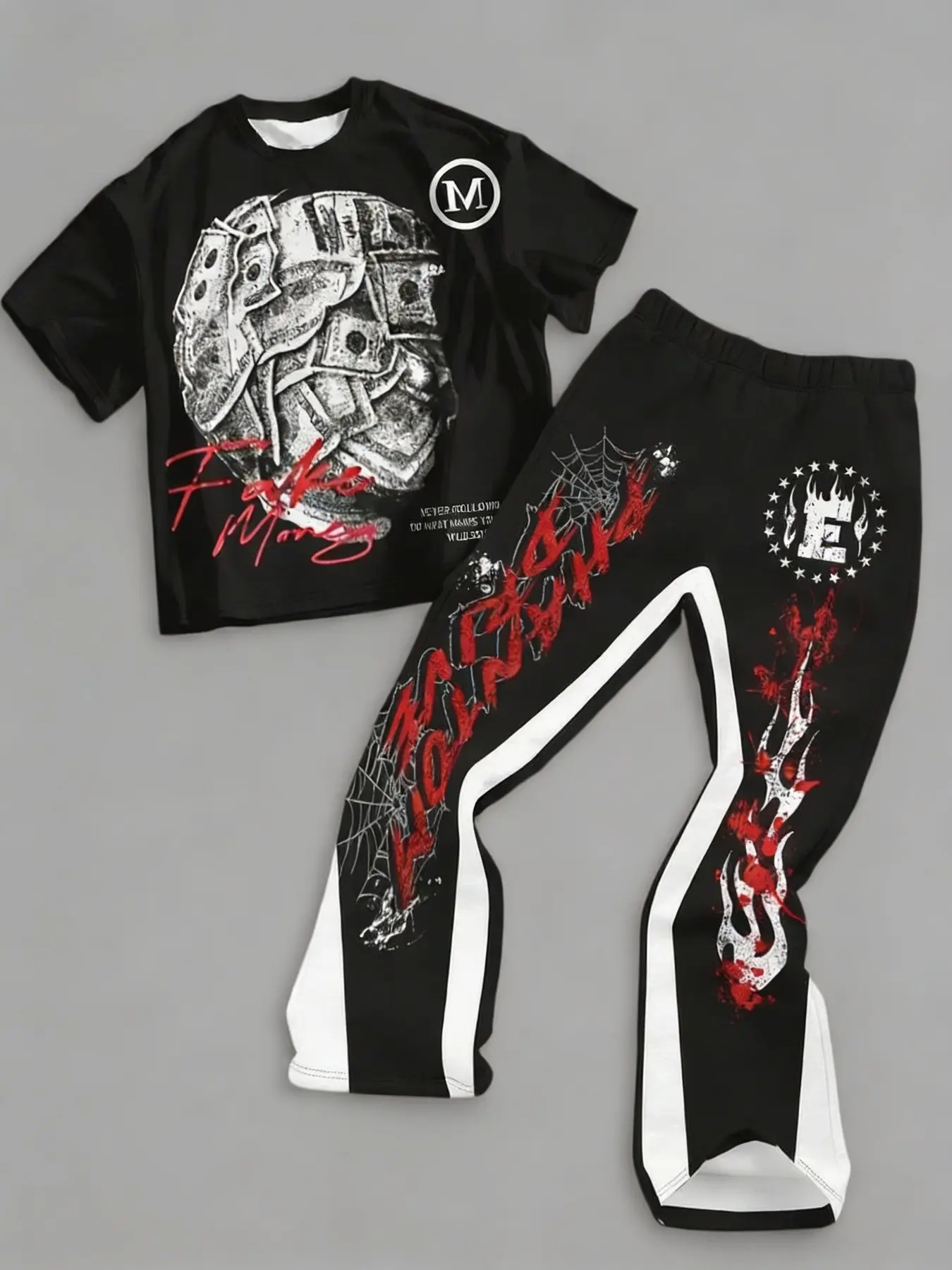 2026 Y2K Street Style Casual Teen Boys 2-Piece Set, Set Outfit, Loose Fit Print T-Shirt + Bell Bottoms, Punk Graffiti Style, Spring Summer Fashion