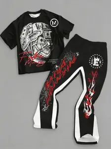 2026 Y2K Street Style Teen Boys 2-Piece Set, Loose Fit Print T-Shirt + Bell Bottoms, Punk Graffiti Style, Spring Summer Fashion