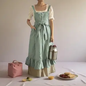 Vintage Ruffle Apron Dress for Women Girls | Cute Cotton Linen Kitchen Cooking Apron with Pockets | Gardening Baking Painting Florist Overall | Green One Size