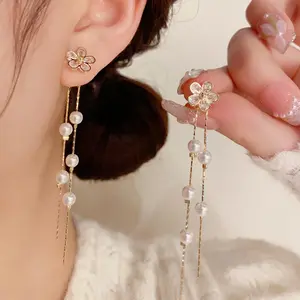Unique Design Zircon Flower Pearl Tassel Earrings DDES0458 for Women, Long Style, Versatile, Dual-Wear Studs, Light Luxury Earrings, 14K Gold-Plated