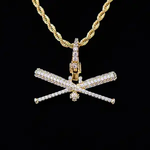 Iced Baseball Bat Clip On Pendant - 18k Yellow Gold Plated, Life Guarantee - Perfect Gift(Chain Not Included)