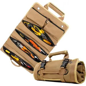 Roll Up Tool Bag, Heavy Duty Tool Organizer Bag, Portable Tools Bag with 6 Tool Pouches for Mechanics, Electricians, DIY Projects, Gifts for Men Dad Husband (Khaki)