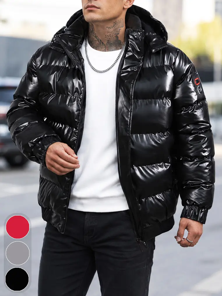 Men’s Shiny Detachable Hooded Bread Jacket - Windproof Warm Padded Zip-Up Outerwear with Shiny Topstitching, Pockets & Casual Streetwear Style for Cold Weather, Jackets