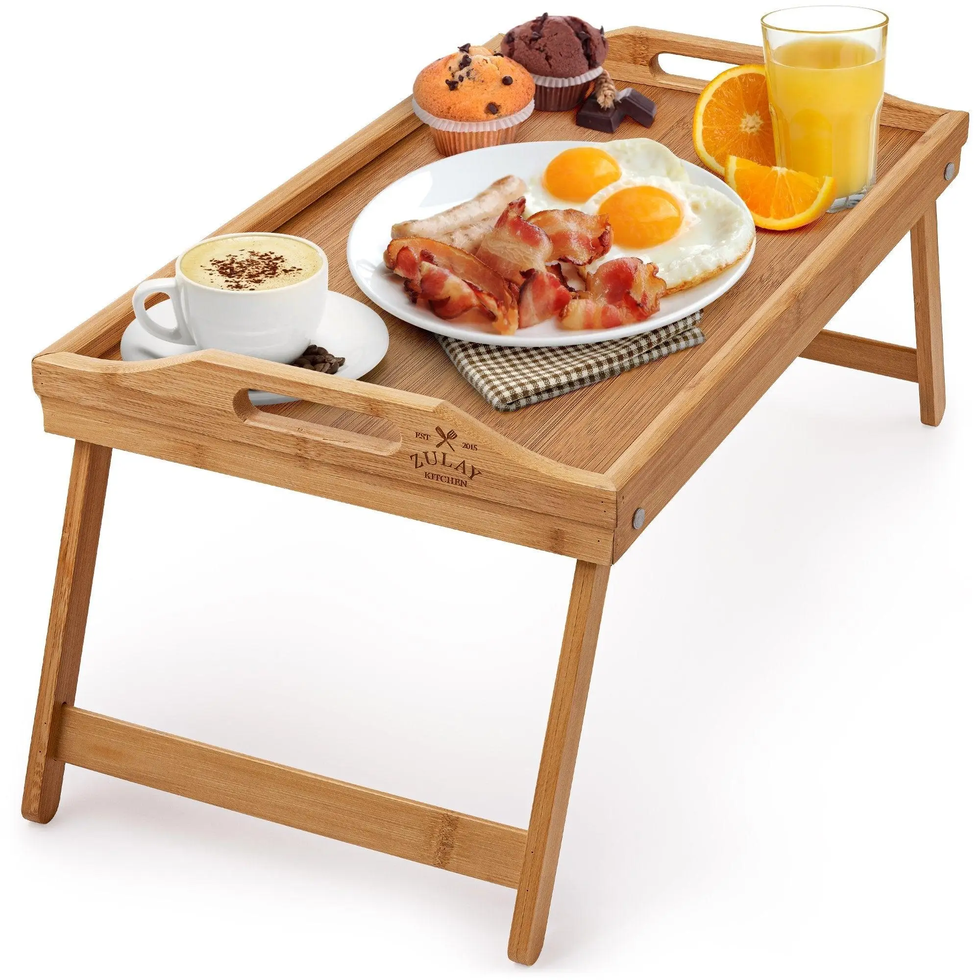 Zulay Bamboo Breakfast in Bed Tray with Folding Legs - Serving Tray with Handles, Laptop Desk, Snack Tray, Foldable Bed Table